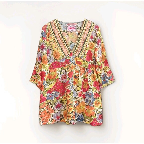 Johnny Was Sz. S Floral Embroidered V-Neck Rayon Babydoll Tunic Boho Swim Cover - Picture 1 of 16